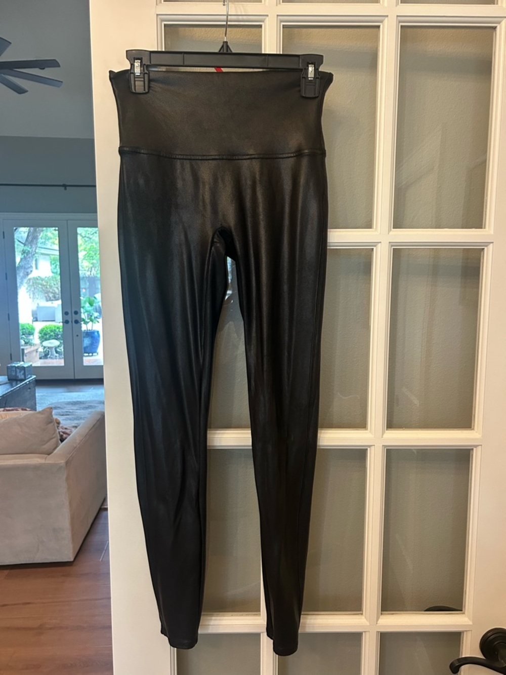 SPANX Black Faux Leather Leggings with Red Brand Tag